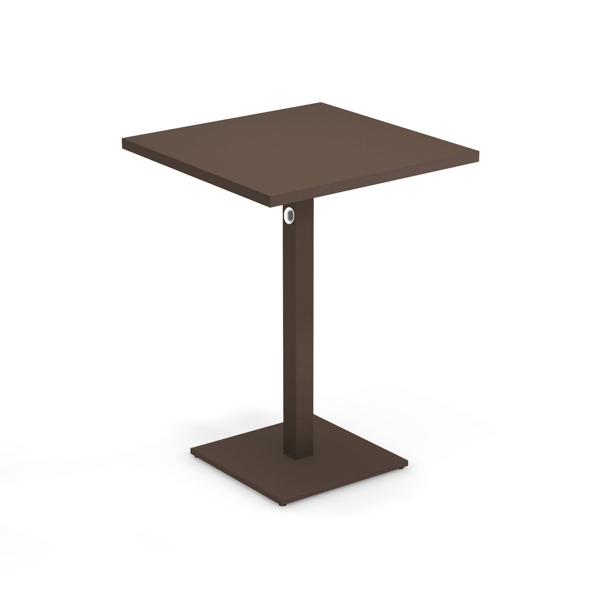 A modern, brown square Lock Table with a powder coat finish, featuring a minimalist design, flat top, single central support with a small circular hole, and a flat square base—ideal for outdoor/indoor spaces. Plain white background.