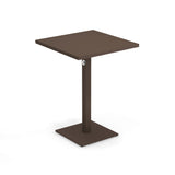 A modern, brown square Lock Table with a powder coat finish, featuring a minimalist design, flat top, single central support with a small circular hole, and a flat square base—ideal for outdoor/indoor spaces. Plain white background.