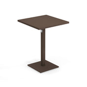 A modern, brown square Lock Table with a powder coat finish, featuring a minimalist design, flat top, single central support with a small circular hole, and a flat square base—ideal for outdoor/indoor spaces. Plain white background.