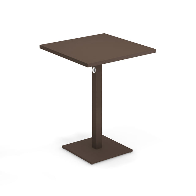 A modern, brown square Lock Table with a powder coat finish, featuring a minimalist design, flat top, single central support with a small circular hole, and a flat square base—ideal for outdoor/indoor spaces. Plain white background.