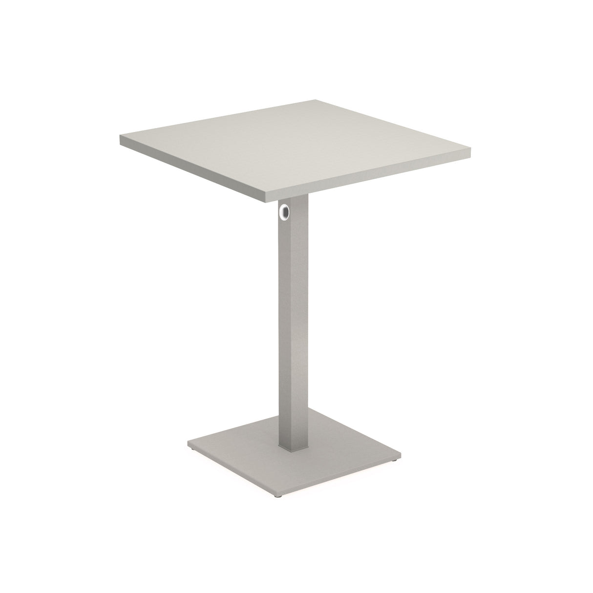 A modern Lock Table, this square table features a flat, light gray top and a central metal pedestal leg on a square base. Its simple, minimalist design with clean lines and matte finish suits both outdoor/indoor settings. Background is plain white.