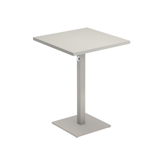 A modern Lock Table, this square table features a flat, light gray top and a central metal pedestal leg on a square base. Its simple, minimalist design with clean lines and matte finish suits both outdoor/indoor settings. Background is plain white.