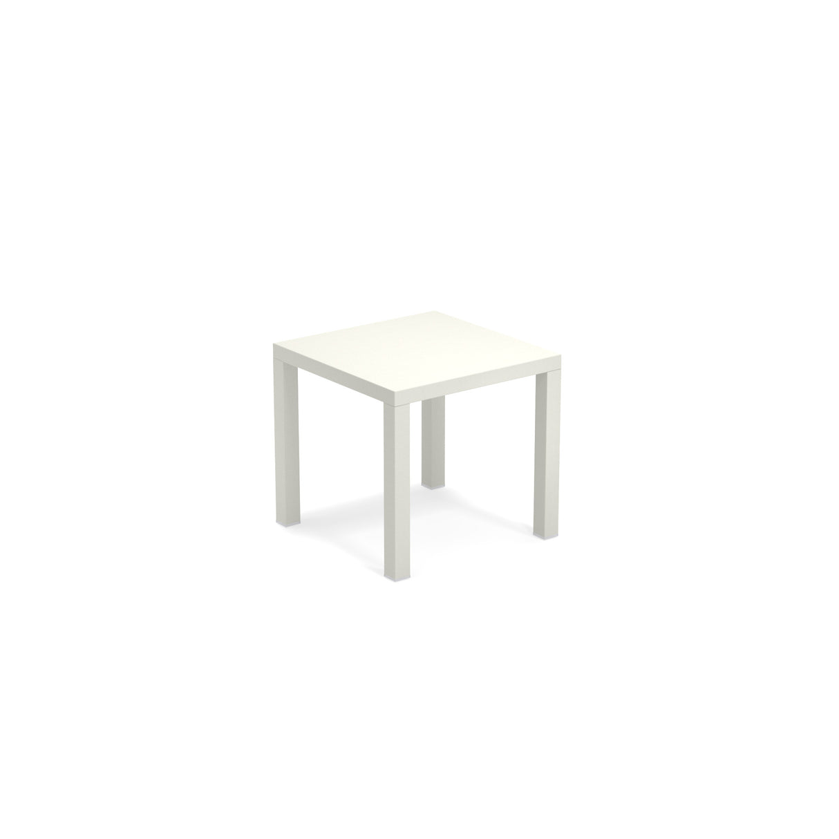A small, square, white Star Table with four straight legs and a sleek steel top, shown against a plain white background. Its minimalist design suits both outdoor/indoor spaces, offering versatility without any extra features or decorations.