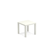A small, square, white Star Table with four straight legs and a sleek steel top, shown against a plain white background. Its minimalist design suits both outdoor/indoor spaces, offering versatility without any extra features or decorations.