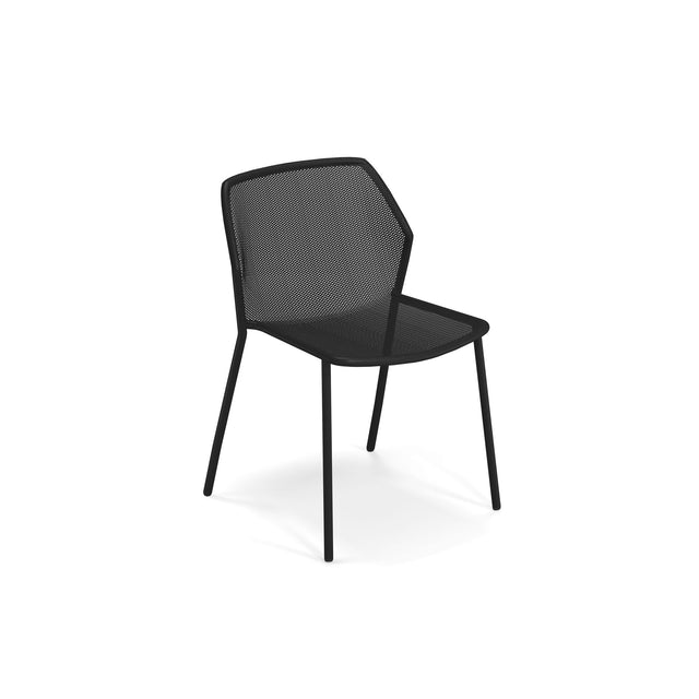 A minimalist black steel mesh chair with four slim legs, a slightly reclined backrest, and a mesh seat. The modern, airy Darwin Stacking Side Chair features a lightweight frame, photographed against a plain white background.