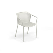 A minimalist, modern Darwin Stacking Armchair with a mesh-patterned seat and backrest, slender metal legs, and integrated armrests, this steel mesh chair suits both outdoor and indoor spaces, shown against a plain white background.