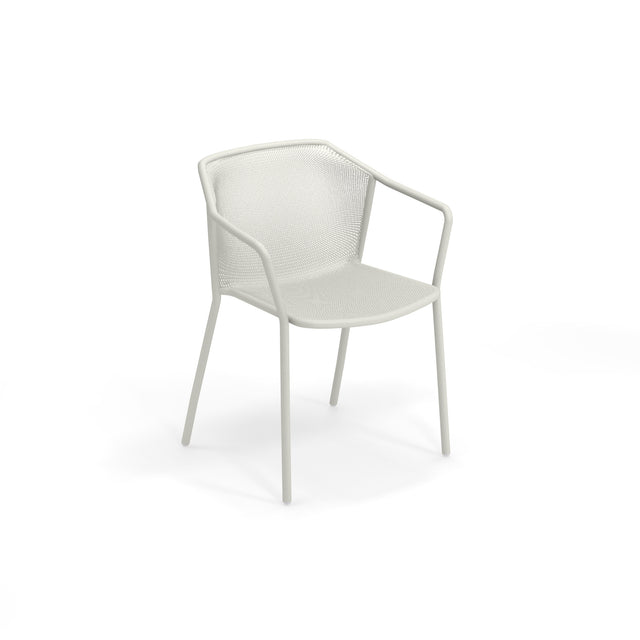 A minimalist, modern Darwin Stacking Armchair with a mesh-patterned seat and backrest, slender metal legs, and integrated armrests, this steel mesh chair suits both outdoor and indoor spaces, shown against a plain white background.