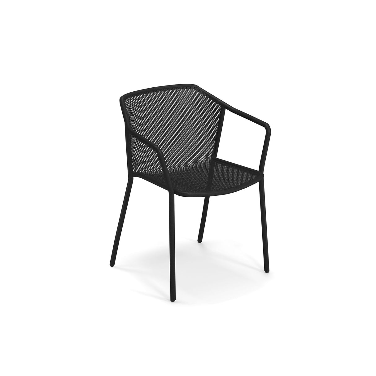A modern black Darwin Stacking Armchair with four angled legs, curved armrests, and a seat and backrest made of fine steel mesh. This minimalist outdoor indoor chair features clean lines, a slightly reclined back, and sits against a plain white background.
