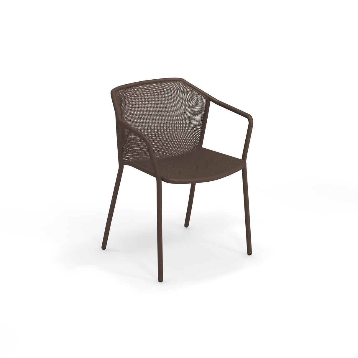 A modern Darwin Stacking Armchair with a brown steel mesh frame, four slender legs, and curved armrests. Its minimalist design features a continuous, perforated seat and backrest. Suitable for outdoor/indoor use, it sits on a white background.