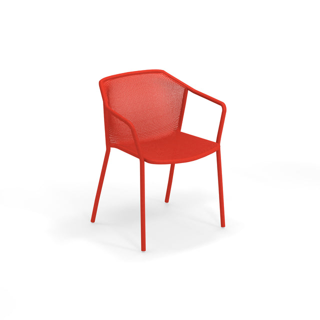A modern red steel mesh chair with mesh seat and backrest, slim angled legs, and integrated armrests. The Darwin Stacking Armchair features a minimalistic, lightweight design and is photographed against a plain white background.