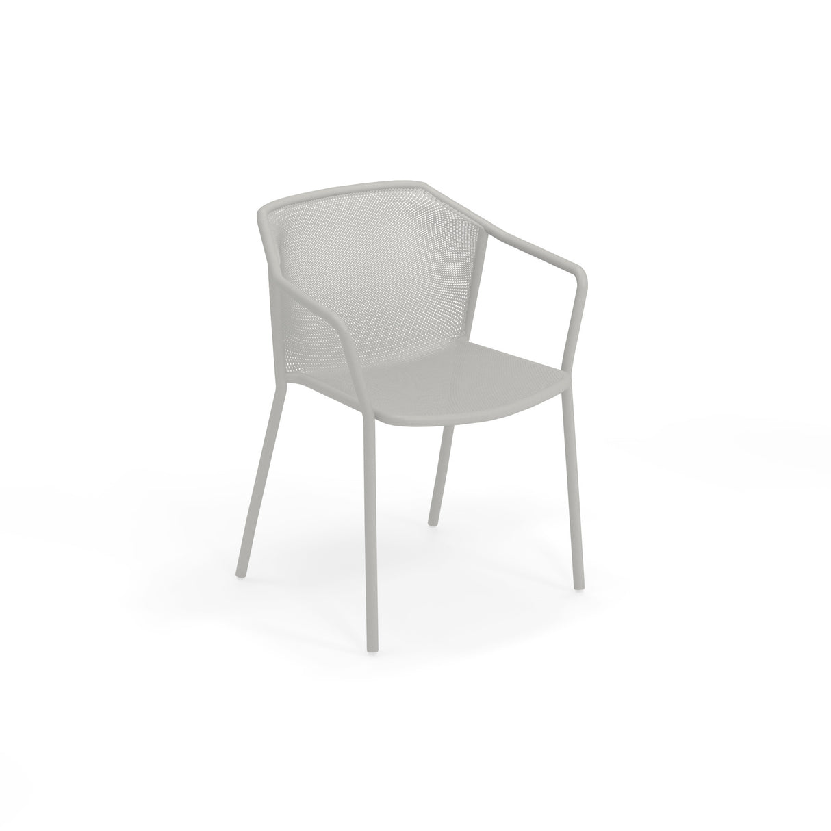A modern, light gray steel mesh chair with a mesh seat and backrest, four slender legs, and smooth, angled armrests. The Darwin Stacking Armchair stands out on a white background, highlighting its minimalist and airy design.