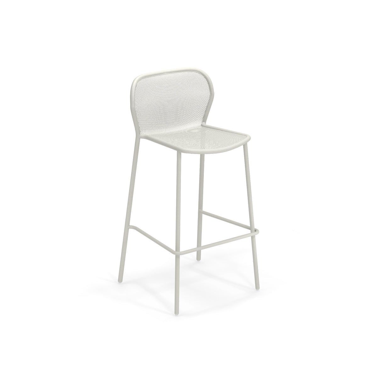 A modern white steel mesh barstool with a curved backrest and textured seat. Made of metal, the minimalist Darwin Stacking Barstool features four slim legs, a front footrest, and support bars for lasting stability—perfect for indoor or outdoor spaces.