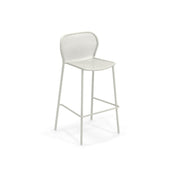 A modern white steel mesh barstool with a curved backrest and textured seat. Made of metal, the minimalist Darwin Stacking Barstool features four slim legs, a front footrest, and support bars for lasting stability—perfect for indoor or outdoor spaces.