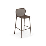 A modern brown Darwin Stacking Barstool with a mesh seat and curved mesh backrest. This minimalist outdoor barstool features four slender legs with horizontal footrests and an airy steel mesh design, photographed on a plain white background.