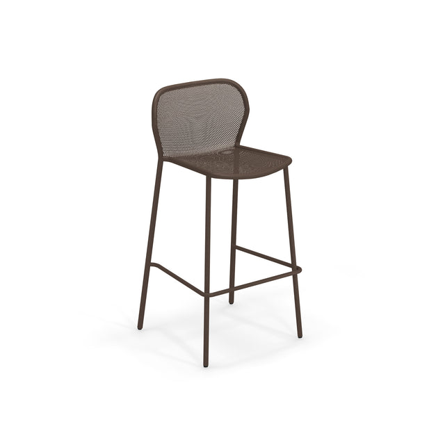 A modern brown Darwin Stacking Barstool with a mesh seat and curved mesh backrest. This minimalist outdoor barstool features four slender legs with horizontal footrests and an airy steel mesh design, photographed on a plain white background.