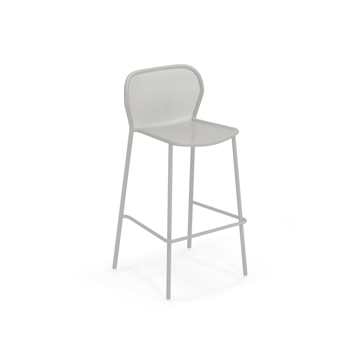 A modern, light gray steel mesh barstool with a curved mesh backrest and seat, four slender legs, and a horizontal footrest connecting the front two legs. The minimalistic, airy design is perfect as an outdoor barstool against a plain white background.