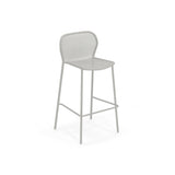 A modern, light gray steel mesh barstool with a curved mesh backrest and seat, four slender legs, and a horizontal footrest connecting the front two legs. The minimalistic, airy design is perfect as an outdoor barstool against a plain white background.