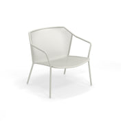 A modern, minimalist steel mesh chair with a gently curved backrest and seat made of perforated mesh. The Darwin Stacking Lounge Chair features thin, angled legs and integrated armrests, creating a sleek and lightweight outdoor lounge chair.