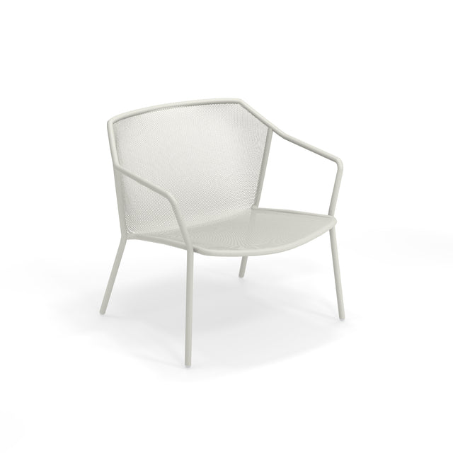 A modern, minimalist steel mesh chair with a gently curved backrest and seat made of perforated mesh. The Darwin Stacking Lounge Chair features thin, angled legs and integrated armrests, creating a sleek and lightweight outdoor lounge chair.