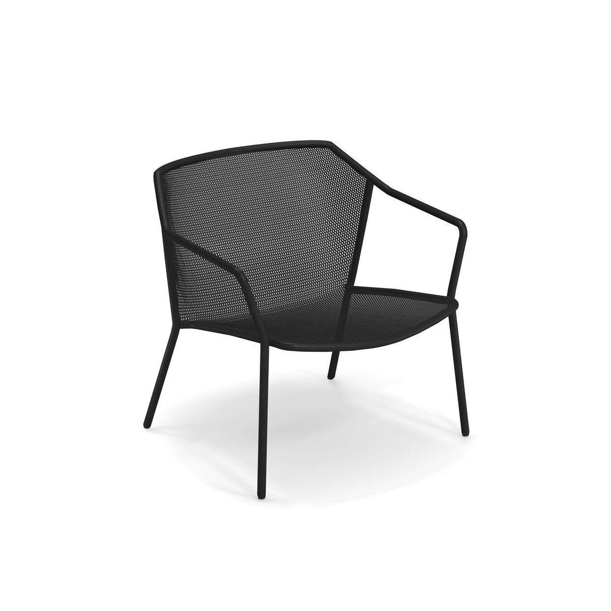 A modern black metal Darwin Stacking Lounge Chair with thin legs, angled armrests, and a curved backrest. The fine steel mesh seat and back give this outdoor lounge chair an airy, lightweight appearance against a plain white background.