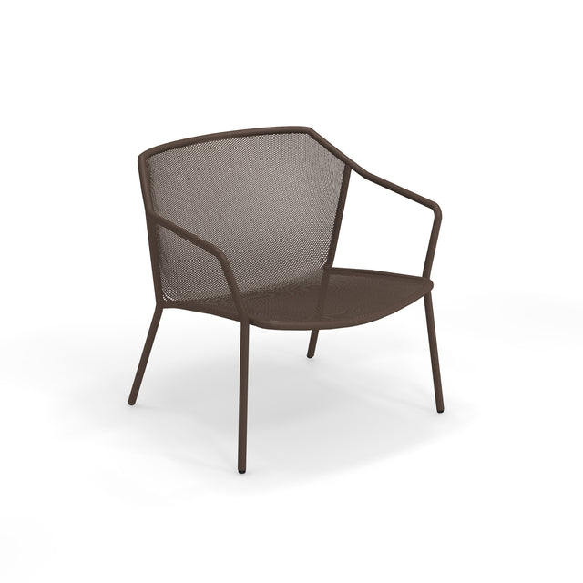 A modern brown steel mesh chair with a mesh seat and backrest, angled armrests, and slender legs. This minimalist Darwin Stacking Lounge Chair features clean lines, a slightly reclined back, and sits on a plain white background.