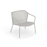 A modern gray steel mesh chair with a mesh seat, backrest, and angled armrests. This minimalist, geometric outdoor lounge chair features slender legs, set against a plain white background.