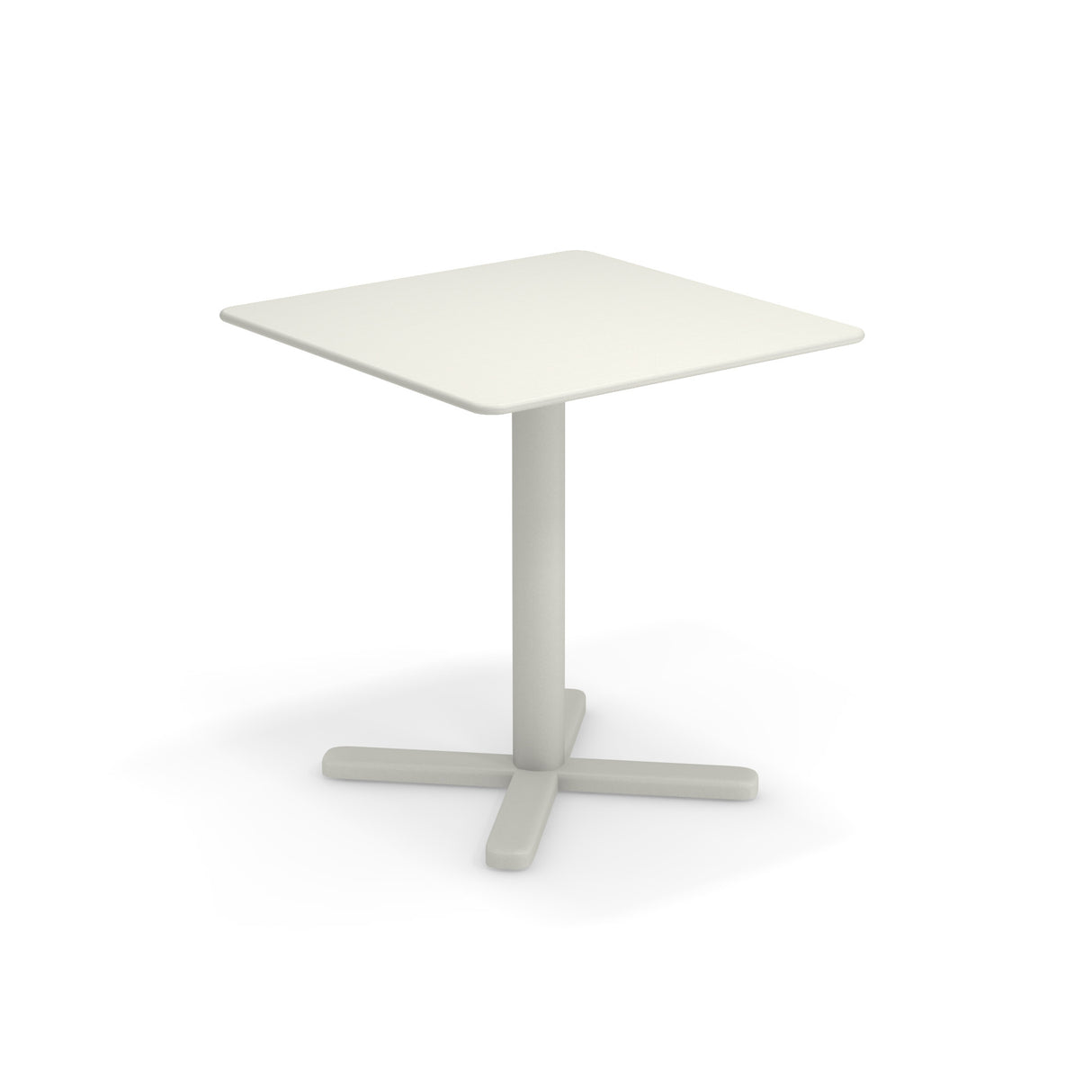 A simple, modern white square outdoor dining table with a single central pedestal and four splayed feet forming a cross-shaped base. The table has smooth, rounded edges and a minimalist design, set against a plain white background.