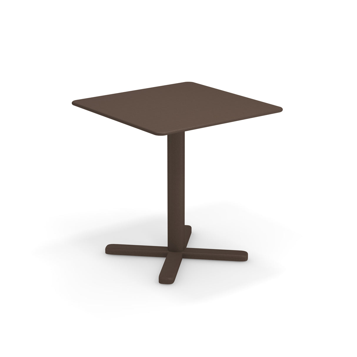 A small, brown, square Darwin Tilt Top Table with a single central pedestal and four flat legs extending outwards in a cross shape. This versatile outdoor/indoor table is set against a plain white background.