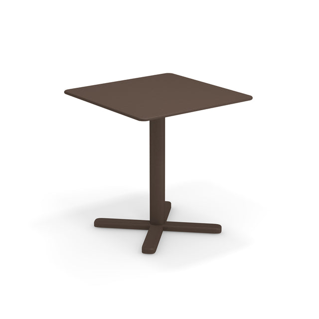 A small, brown, square Darwin Tilt Top Table with a single central pedestal and four flat legs extending outwards in a cross shape. This versatile outdoor/indoor table is set against a plain white background.