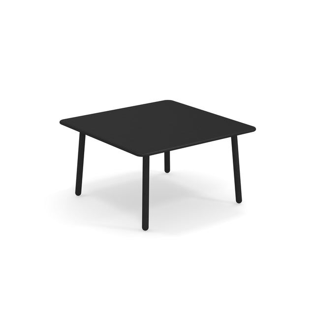A black, square Darwin Low Table with four cylindrical legs. This minimalist steel table features slightly rounded edges and sits on a white background, casting a faint shadow—perfect as an outdoor indoor table.