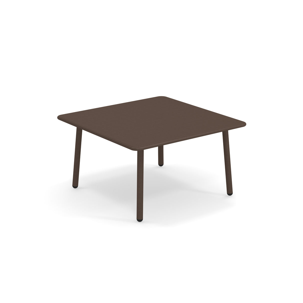 A simple, square Darwin Low Table with a smooth steel top and four round, slightly angled legs. The brown outdoor/indoor table has rounded corners and sits against a plain white background with no other objects or decorations visible.