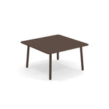 A simple, square Darwin Low Table with a smooth steel top and four round, slightly angled legs. The brown outdoor/indoor table has rounded corners and sits against a plain white background with no other objects or decorations visible.