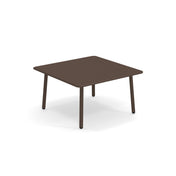 A simple, square Darwin Low Table with a smooth steel top and four round, slightly angled legs. The brown outdoor/indoor table has rounded corners and sits against a plain white background with no other objects or decorations visible.