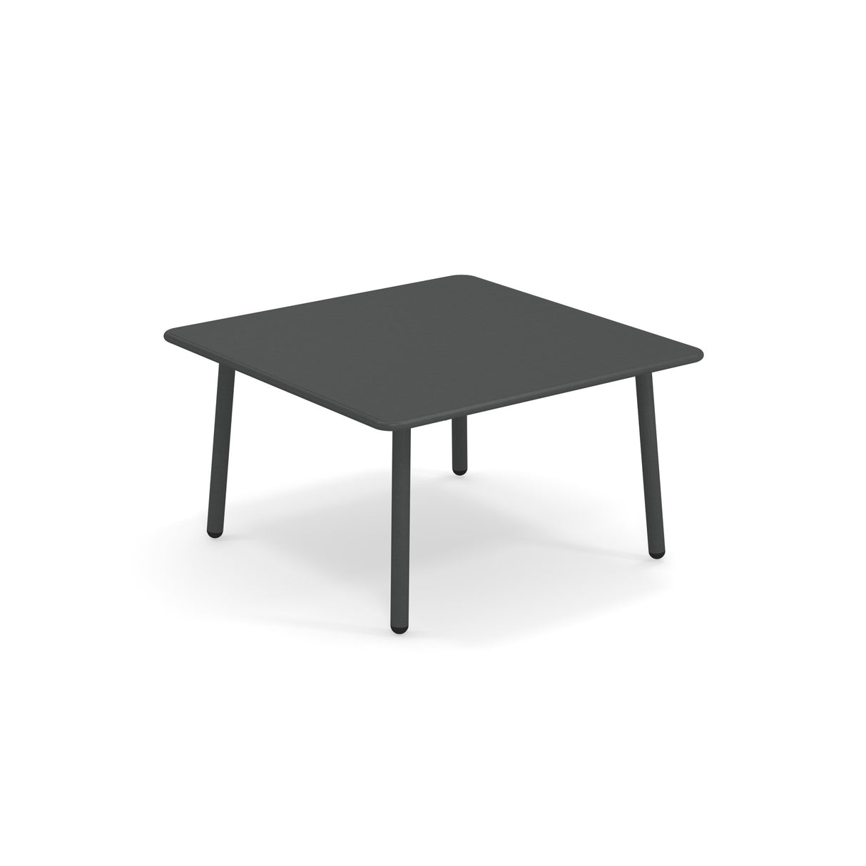 A minimalist, square-shaped Darwin Low Table with a steel top and four straight legs. The modern outdoor table features rounded corners and a smooth surface, set against a plain white background.