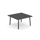 A minimalist, square-shaped Darwin Low Table with a steel top and four straight legs. The modern outdoor table features rounded corners and a smooth surface, set against a plain white background.