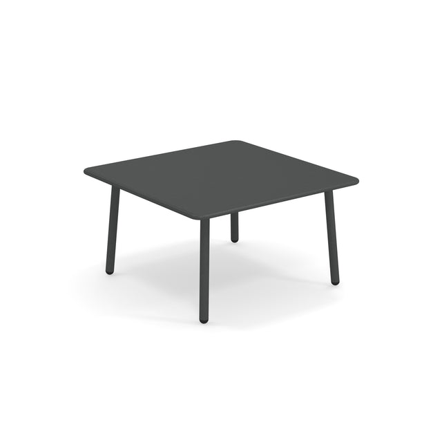 A minimalist, square-shaped Darwin Low Table with a steel top and four straight legs. The modern outdoor table features rounded corners and a smooth surface, set against a plain white background.