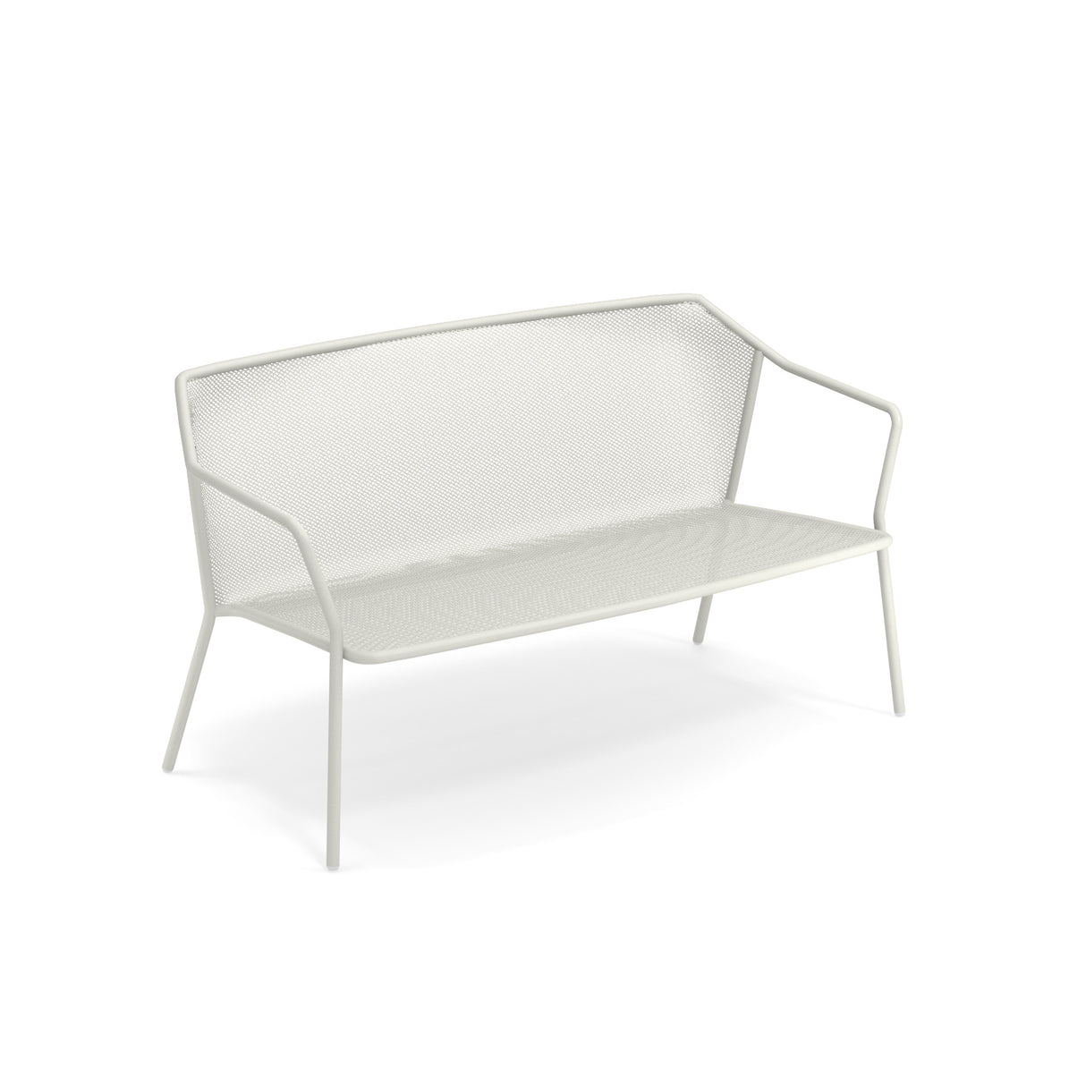 A minimalist white steel mesh loveseat with a mesh seat and backrest, angled armrests, and slender legs. This modern outdoor loveseat is photographed against a plain white background.