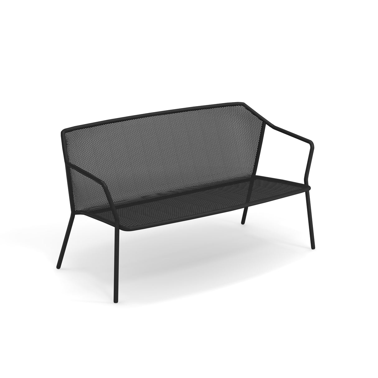 A modern black steel mesh loveseat with a minimalist design, featuring a mesh seat and backrest, thin armrests, and four slender legs. The open, airy structure of this outdoor loveseat stands out against the plain white background.