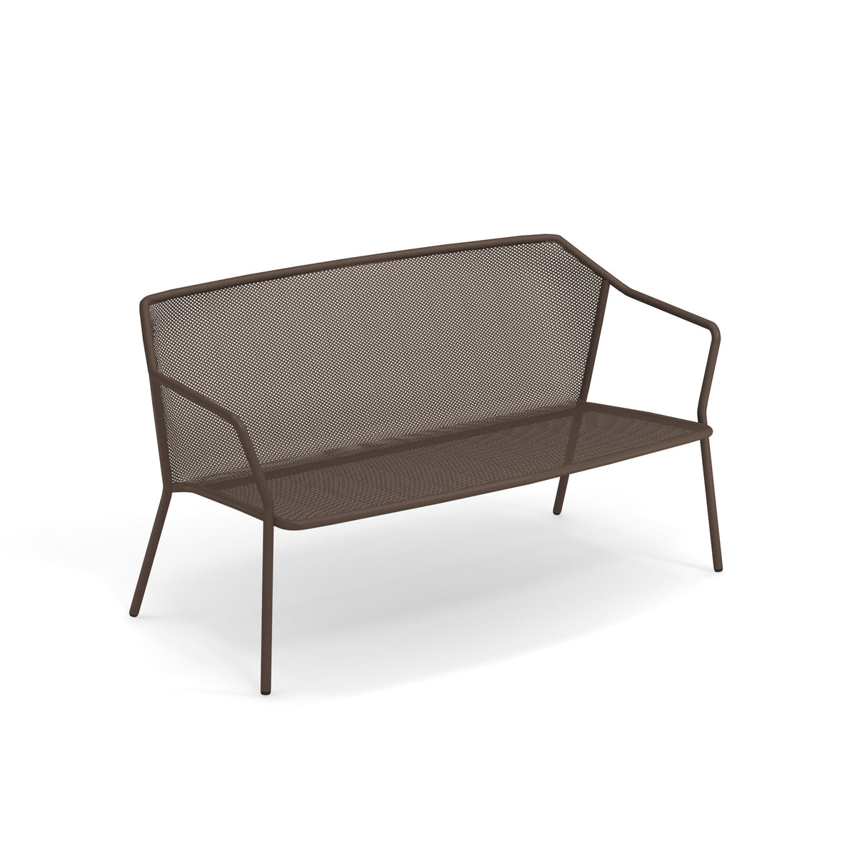 A brown steel mesh loveseat with a mesh seat and backrest, angled armrests, and slim legs. The minimalistic, modern Darwin Loveseat design makes it a stylish addition to any space. Background is plain white.