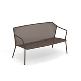 A brown steel mesh loveseat with a mesh seat and backrest, angled armrests, and slim legs. The minimalistic, modern Darwin Loveseat design makes it a stylish addition to any space. Background is plain white.