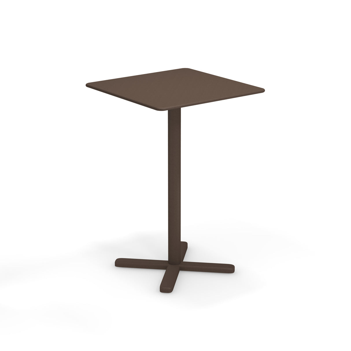 A small, modern brown Darwin Tilt Top Bar Table with a square top, a single central pedestal, and a four-pronged base. The minimalist design features smooth edges and a matte finish, showcased on a plain white background.