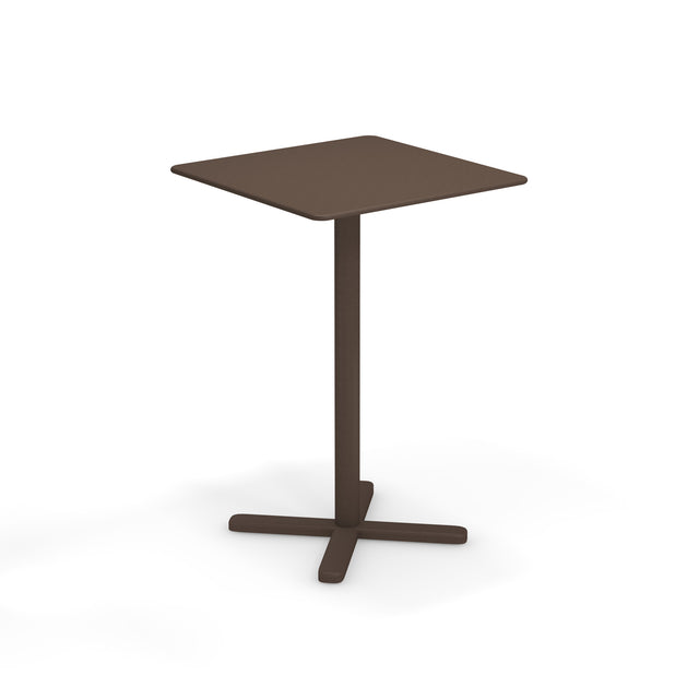A small, modern brown Darwin Tilt Top Bar Table with a square top, a single central pedestal, and a four-pronged base. The minimalist design features smooth edges and a matte finish, showcased on a plain white background.
