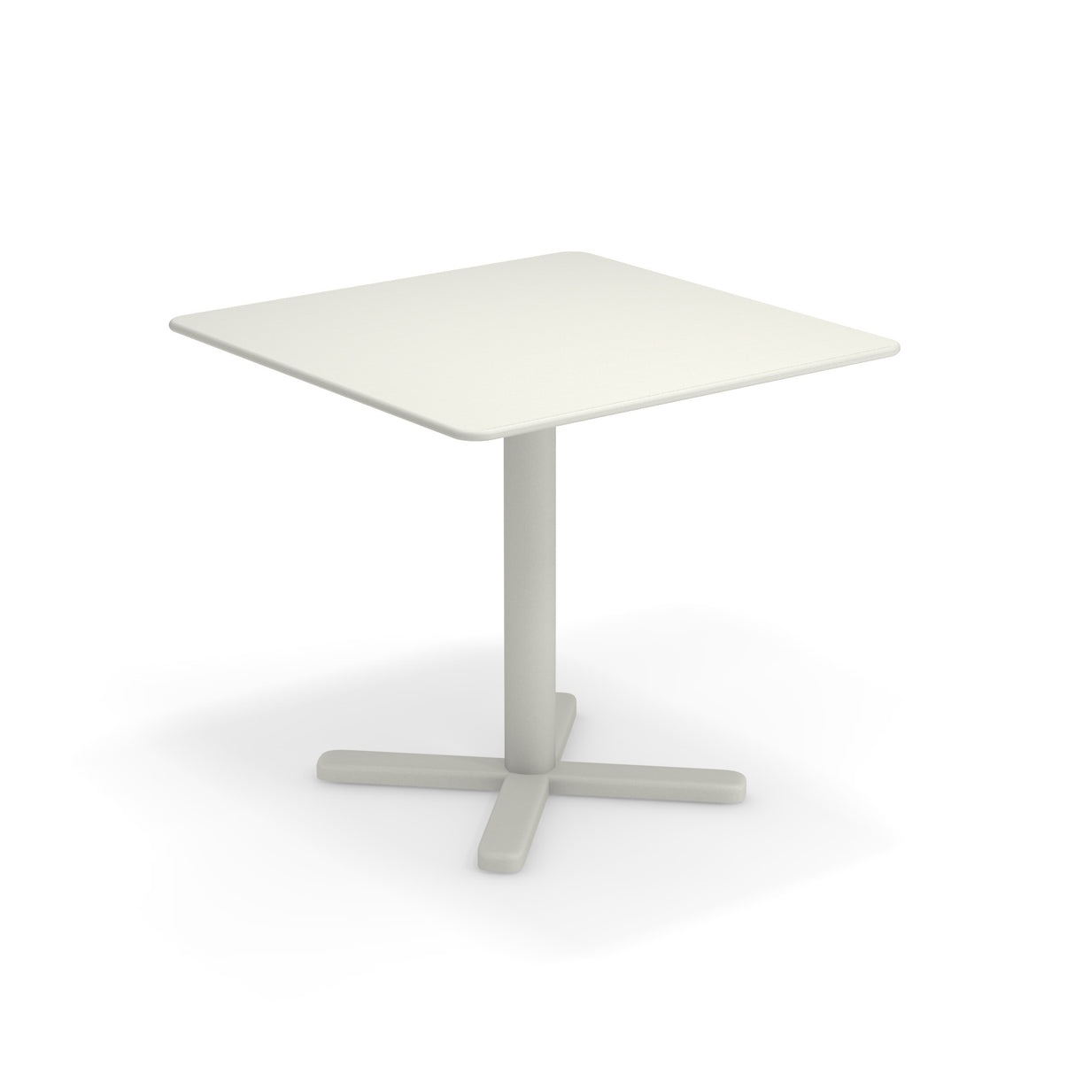 A simple square white Darwin Tilt Top Table with rounded corners, a single central pedestal leg, and a four-pronged base, all in matching white solid steel, perfect as an outdoor/indoor table set against a plain white background.