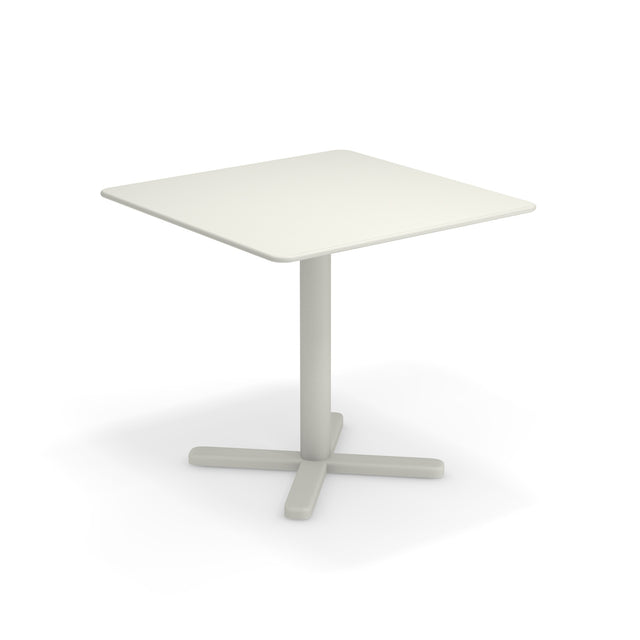 A simple square white Darwin Tilt Top Table with rounded corners, a single central pedestal leg, and a four-pronged base, all in matching white solid steel, perfect as an outdoor/indoor table set against a plain white background.