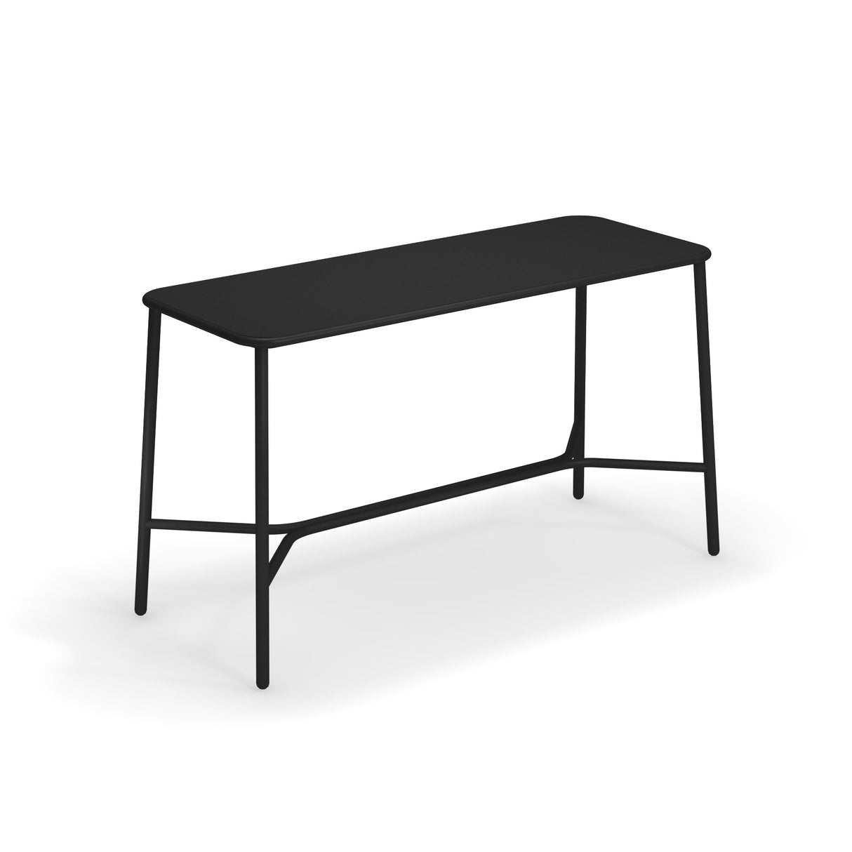 A modern, minimalist black Yard Bar Table with a rectangular aluminum top and rounded edges stands on four slim, angled legs. A lower support bar connects the legs for stability, making it perfect for indoor/outdoor spaces. Set against a plain white background.