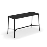 A modern, minimalist black Yard Bar Table with a rectangular aluminum top and rounded edges stands on four slim, angled legs. A lower support bar connects the legs for stability, making it perfect for indoor/outdoor spaces. Set against a plain white background.
