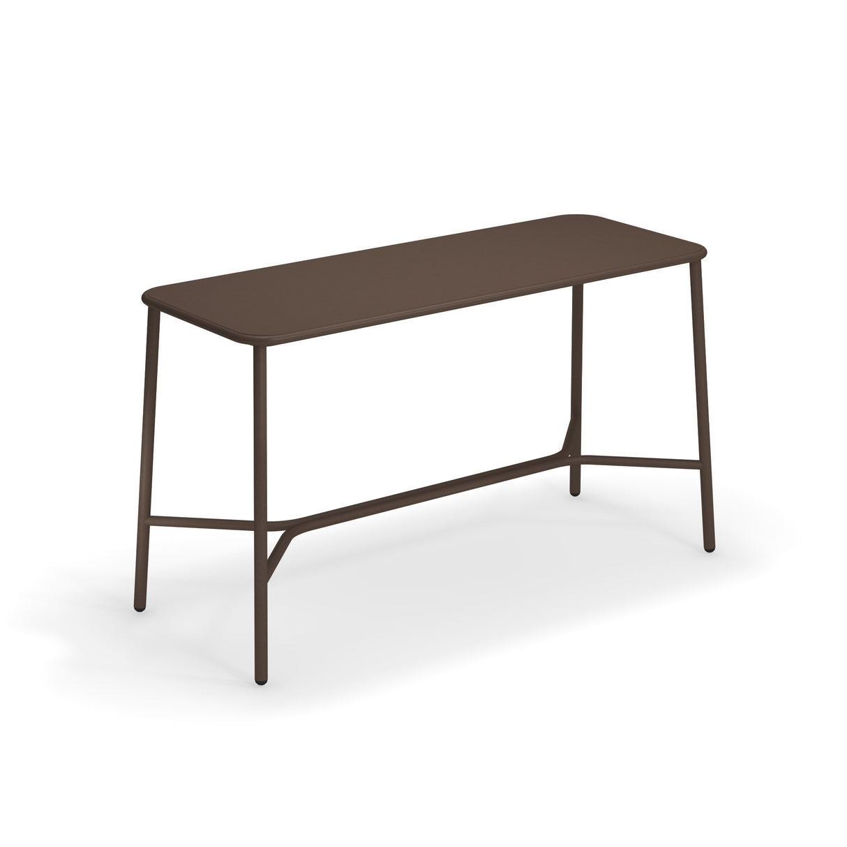 A minimalist rectangular brown Yard Bar Table with a slim aluminum top, rounded corners, and four slender legs connected by horizontal and diagonal supports. Perfect for indoor/outdoor settings. Photographed on a white background.