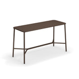 A minimalist rectangular brown Yard Bar Table with a slim aluminum top, rounded corners, and four slender legs connected by horizontal and diagonal supports. Perfect for indoor/outdoor settings. Photographed on a white background.