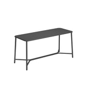 A modern, minimalist black bench with an aluminum top, thin metal legs, and a simple support bar for stability. The sleek design is both functional and stylish, perfect as indoor/outdoor seating or paired with a Yard Counter Table.