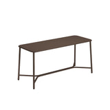 A simple, modern bench with a rectangular, flat, dark brown aluminum top and matching metal legs. Suitable for indoor/outdoor use, it features a minimalist design with slightly rounded corners and an angular support bar underneath.